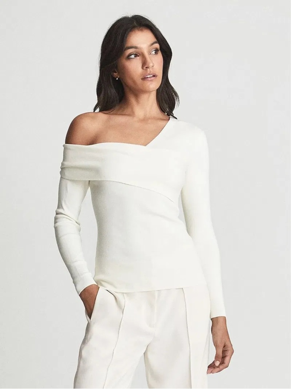 Shein Off Shoulder White Ribbed Long Sleeve Top